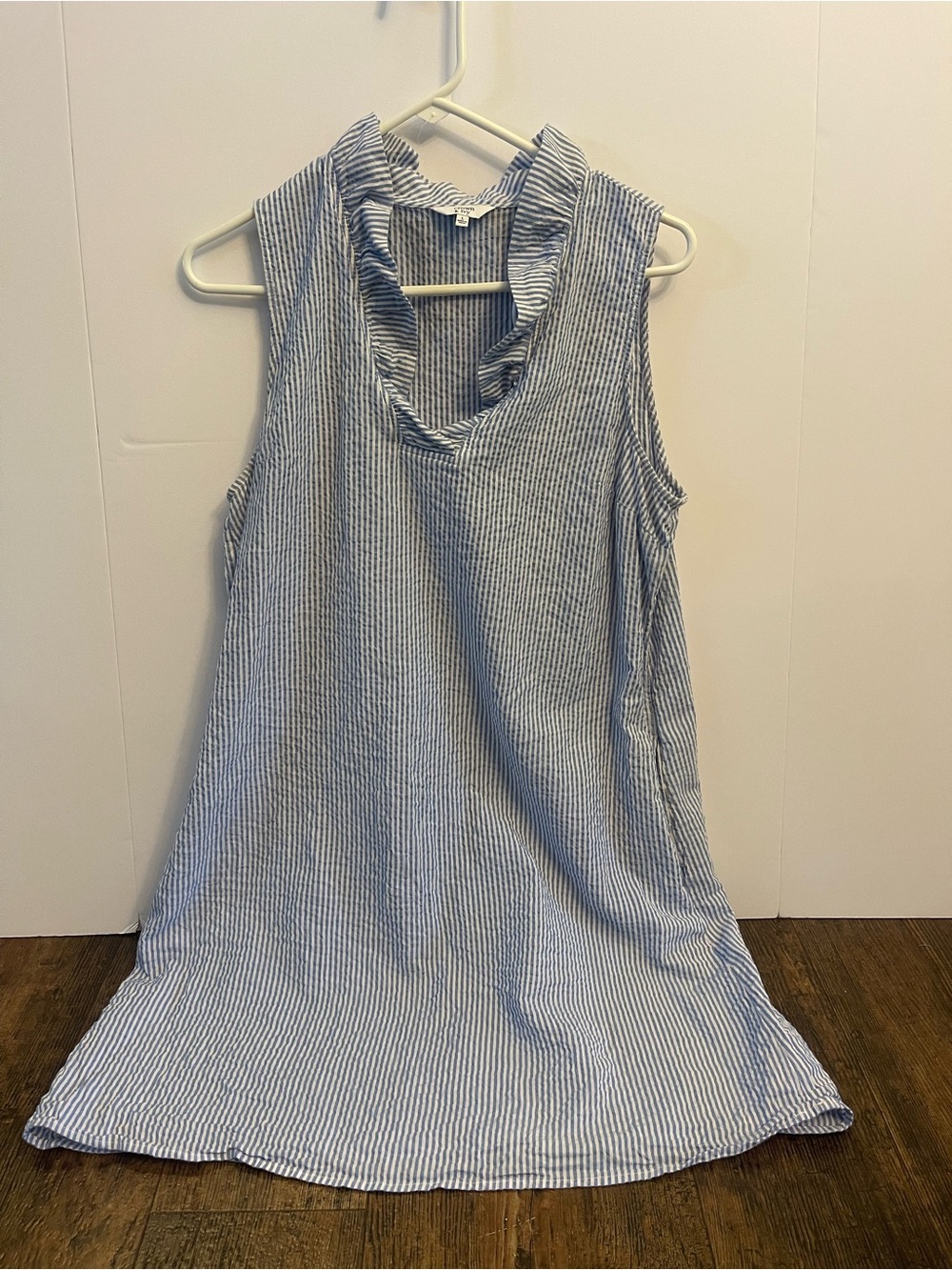 crown & ivy Blue and White Stripe Ruffle Neck Sleeveless Tank